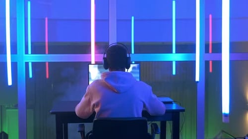 Back View of Young Gamer Winning Online Game