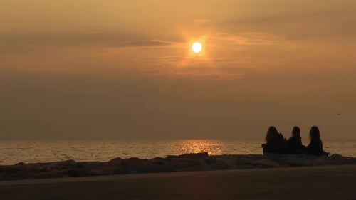 Silhouette Of People Woman Posing At Yellow Sunset