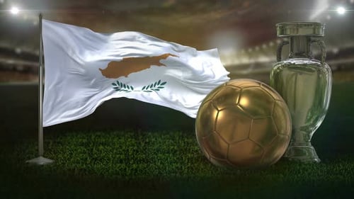 Cyprus Flag, Golden Soccer Ball, and Silver Trophy in Stadium