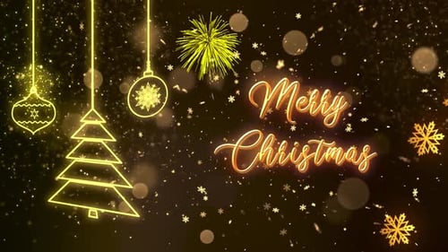 Merry Christmas Glowing Gold Text with Festive Ornaments and Particles