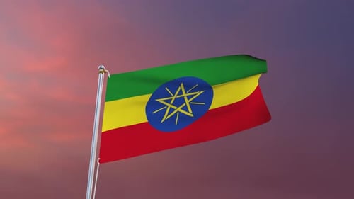 Animated Ethiopian Flag Waving on Pole Against Sunset Sky