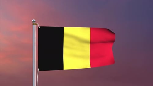 Belgian Flag Waving on Flagpole with Sunset Sky