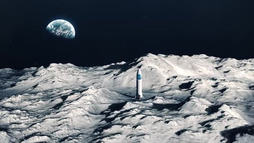 Futuristic Rocket Standing on Moon Surface with Distant Earth View