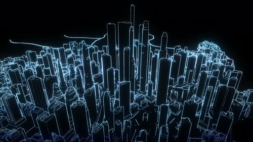 Abstract Digital Wireframe Cityscape with Glitch Effect