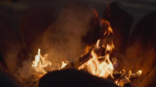 Close Up of Campfire with Flames Burning at Night