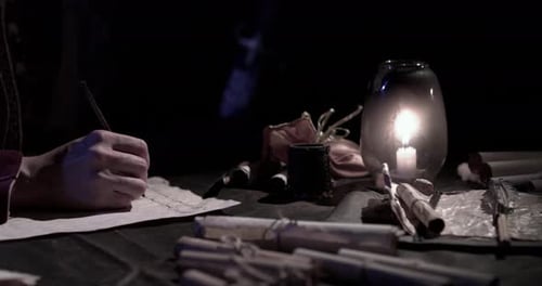 Writing Letter by Candlelight with Quill and Ink