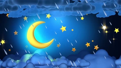 Animated Night Sky with Cartoon Moon, Stars, Clouds, and Falling Rain