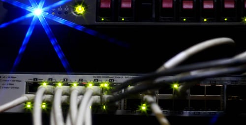 Server with Cables and Blinking Lights Close Up
