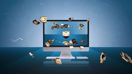 Digital Security Technology Concept with Falling Locks and Shields