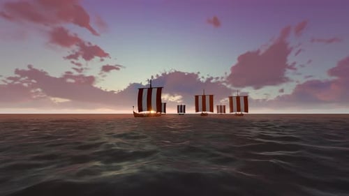 Viking Longboats Sailing Across Open Ocean at Sunset