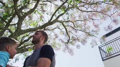 Man Lifts Boy in the Air by Tree