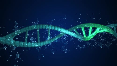 Animated DNA Helix with Glowing Digital Data Network