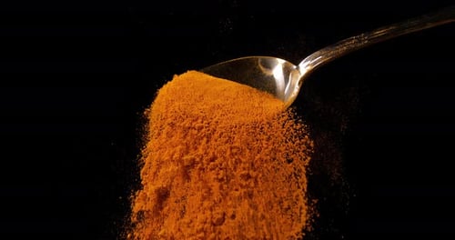 Turmeric, curcuma longa, Powder falling against Black Background, Indian Spice, Slow Motion 4K