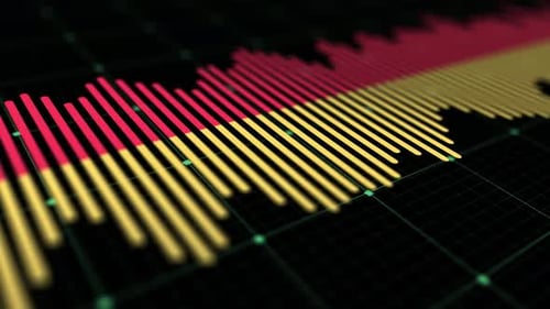 Dynamic Audio Equalizer with Red and Yellow Bars on Digital Grid