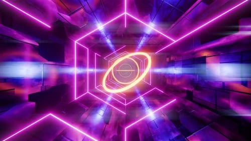 Voando por um túnel com barras roxas e anéis amarelos