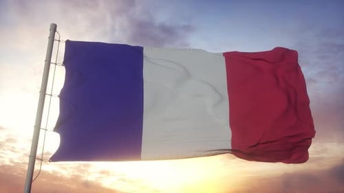 Realistic French Flag Waving Against Sunset Sky