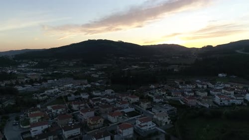 Aerial View of Residential Houses in Suburban Rural Area at Sunset