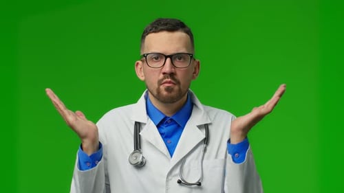 Confused and Doubting Young Bearded Man Doctor in White Professional Coat Shrugs Showes He Doesn't