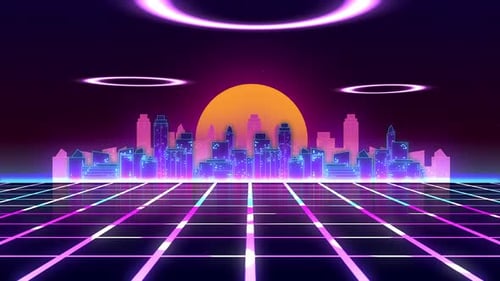 Retro Futuristic Neon City Grid Loop Background