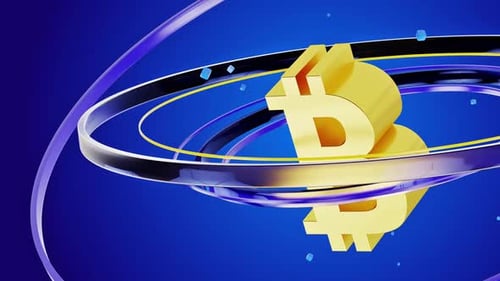 Golden Bitcoin Symbol Rotating with Abstract Rings