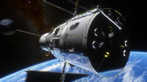 Detailed Space Station Orbiting Earth with Reflective Solar Panels