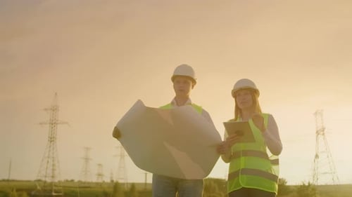 Zwei Elektriker arbeiten zusammen und stehen auf dem Feld in der Nähe der Stromübertragungsleitung in Helmen