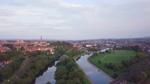 An aerial shot of the rivers running through Exeter at sunset ...
