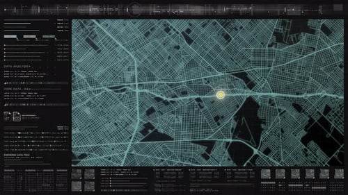 Futuristic HUD Display with Animated Map and Data Analysis