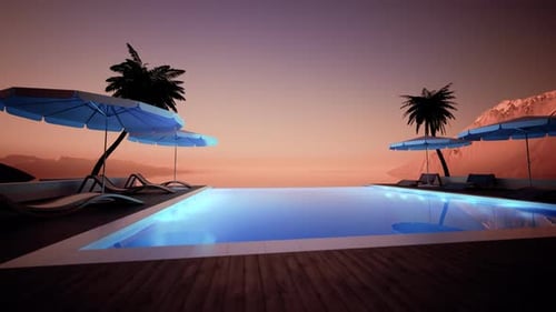 Horizon Infinity-Pool und Palmen bei Sonnenuntergang. Hotel Spa Sommer