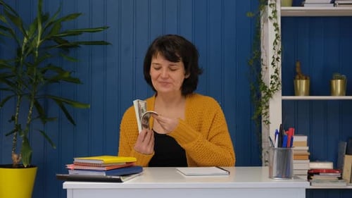 Middle Aged Woman Holding in Hands Money Cash Dollars