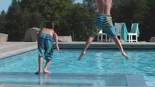 Kids jumping into pool in super slow motion