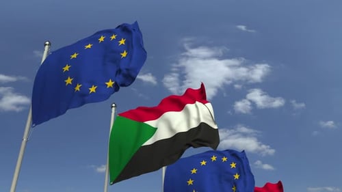 Realistic 3D Flags of Sudan and European Union Waving