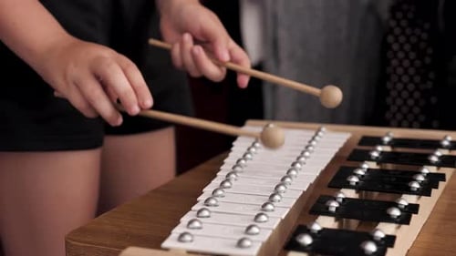Child Playing Xylophone with Mallets Indoors