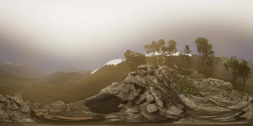 Vr 360 Luftbildkamera bewegt sich über Felsen in Bergen. Bereit für VR