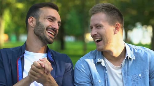 Cheerful Male Friends Sincerely Laughing Remembering Past, Pastime in Park