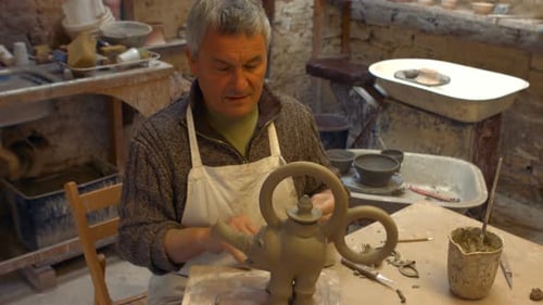 Adult Shaping Clay Sculpture in an Indoor Workshop