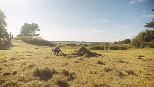 Boy Using Rake In Summer Meadow