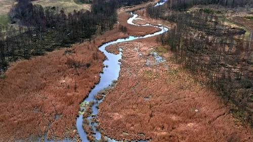 Flying above small river and brown swamps, Poland