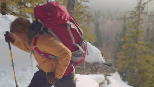 Hiker Climbing Mountain Trail on Winter Day