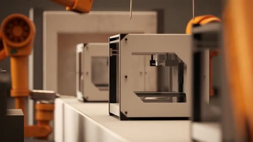 Los brazos robóticos futuristas que trabajan en el montaje de las impresoras 3D.