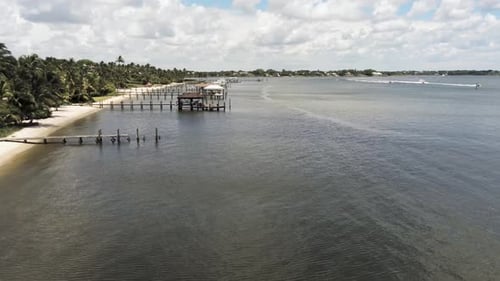 Aerial view of docks along the coastline in south florida, palm trees blowing in the breeze