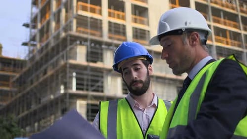 Construction Workers Reviewing Blueprints at Building Site