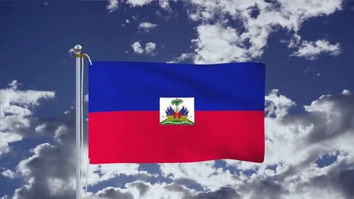 Haiti Flag Waving Animation with Blue Sky and Clouds