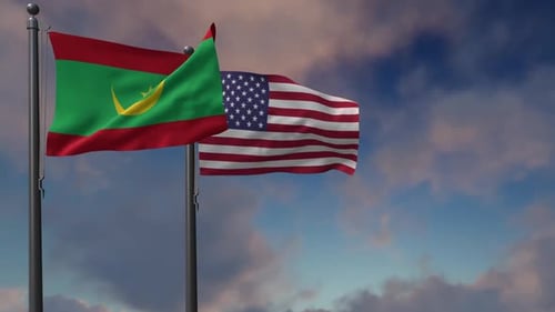 Mauritania and USA Flags Waving in Cloudy Sky