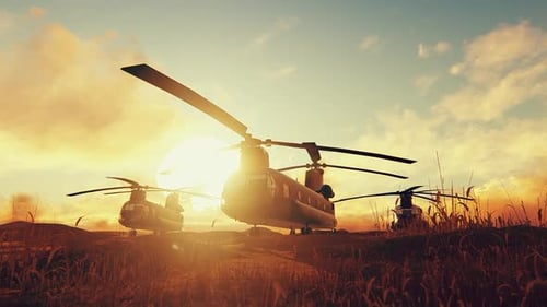 Dramatic Sunset Over Military Chinook Helicopters