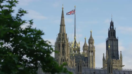 Houses of Parliament and Flag in London England