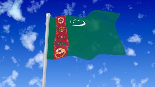 Vague du drapeau volant du Turkménistan dans le ciel avec des nuages