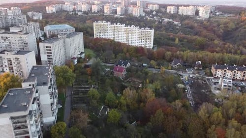 Aerial view of a drone flying over the city.