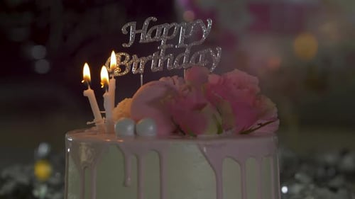 Decorated Birthday Cake with Lit Candles