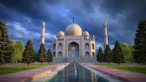 Majestic Taj Mahal Animation with Reflecting Water and Cloudy Sky